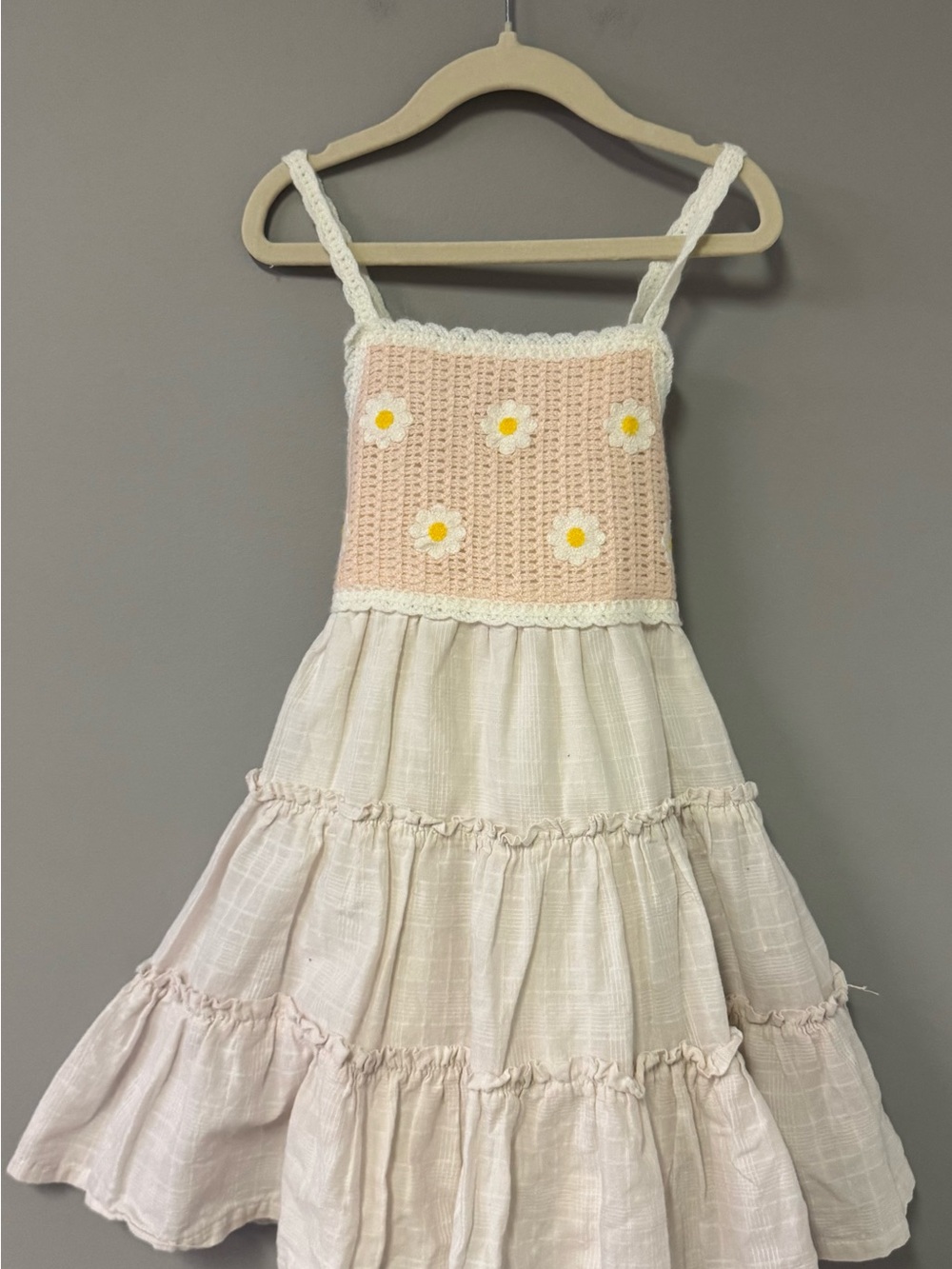 Haute Hippie Pink Crochet Daisy Cotton Sundress with Cream Tiered Skirt